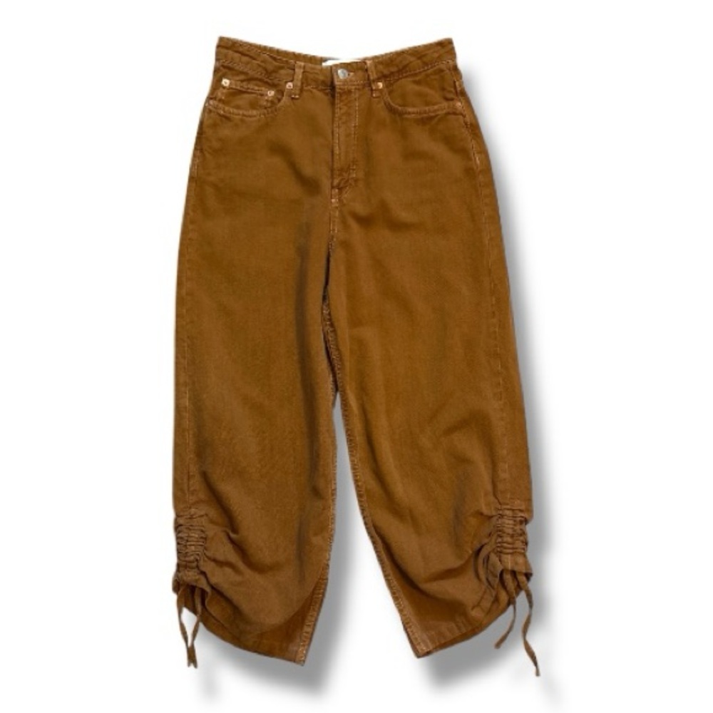 Zara Women’s Brown High Waisted Wide-Leg Cropped Pants W/Drawstring Hem Size 2